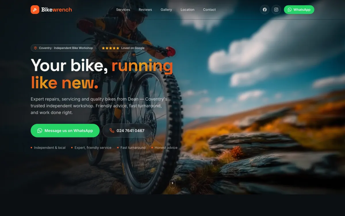 bicycle repair shop website built by Vybrants